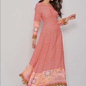 SHEIN All Over Print Tie Neck Asymmetrical Hem Dress